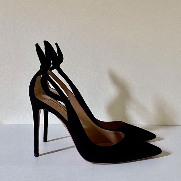 Aquazzura Black Suede Bow Tie Pumps 105 US8.5 / IT38.5 - Picture 11 of 16